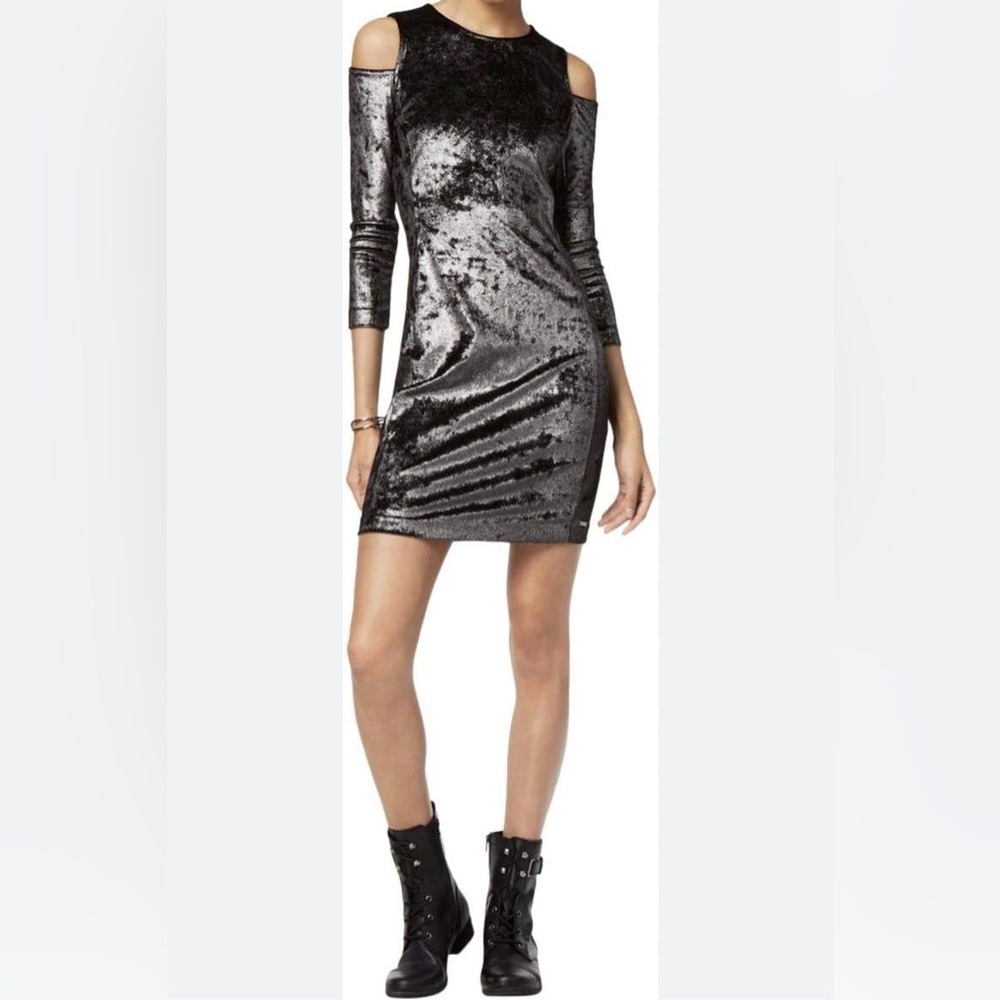 AlX Armani Exchange Medium Silver/Black Cold-Shoulder 3/4 Sleeve Bodycon Dress